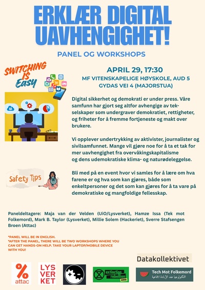 Erklær digital uavhengighet! Panel og workshop om å komme seg vekk fra overvåkingskapitalisme og tekbrødrene